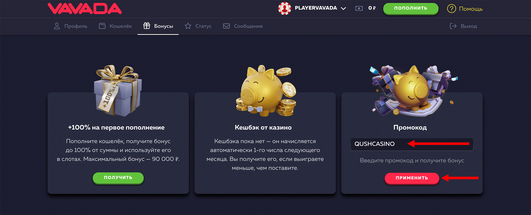 Поле для ввода промокода Vavada